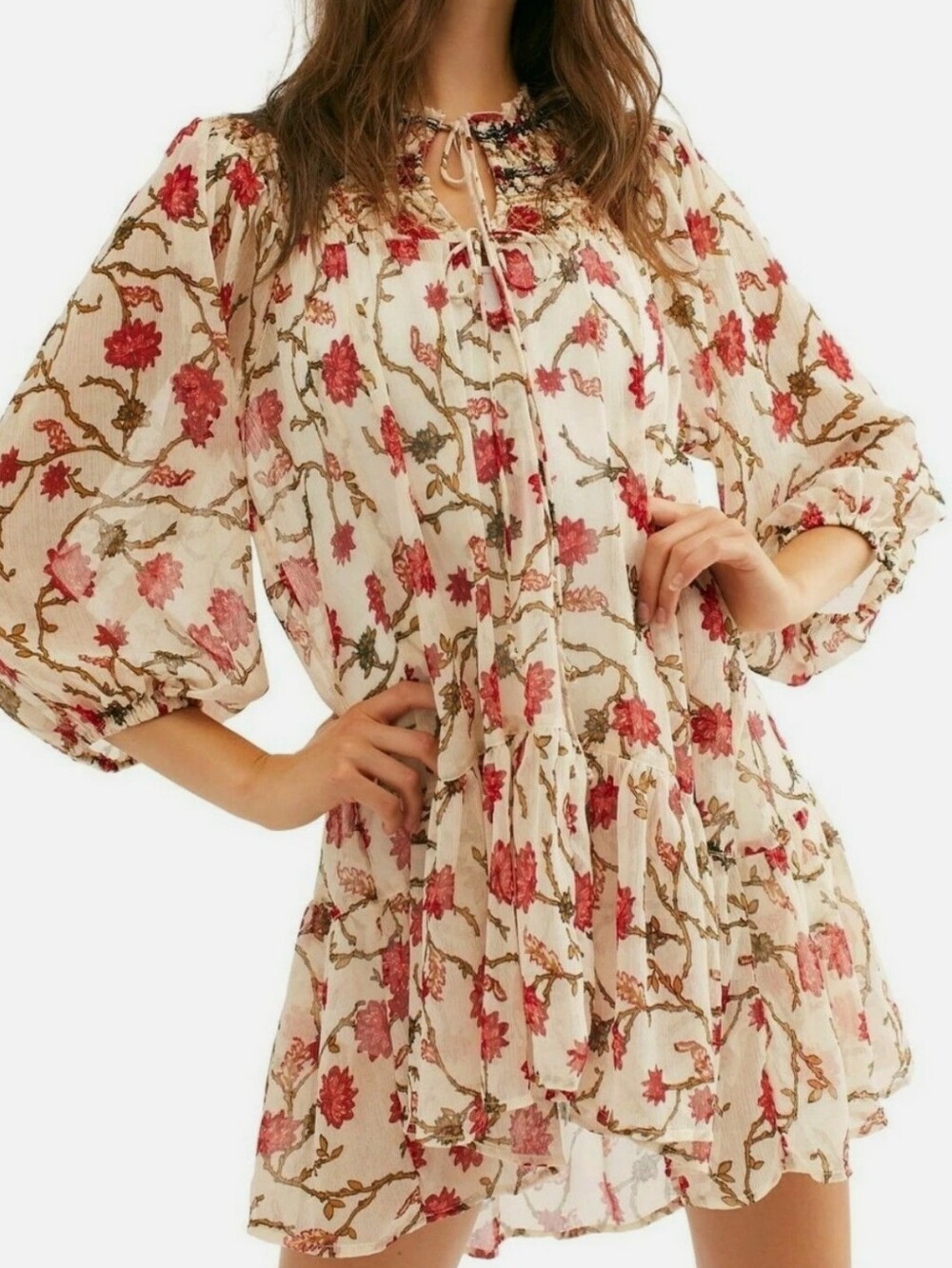 free people keeping up with kara long sleeve tunic dress cream floral size S